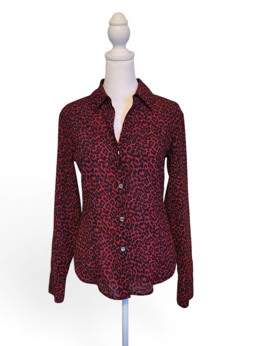 Vintage 90s Red Black Leopard Pattern Button Up Long Sleeve Blouse Top Goth